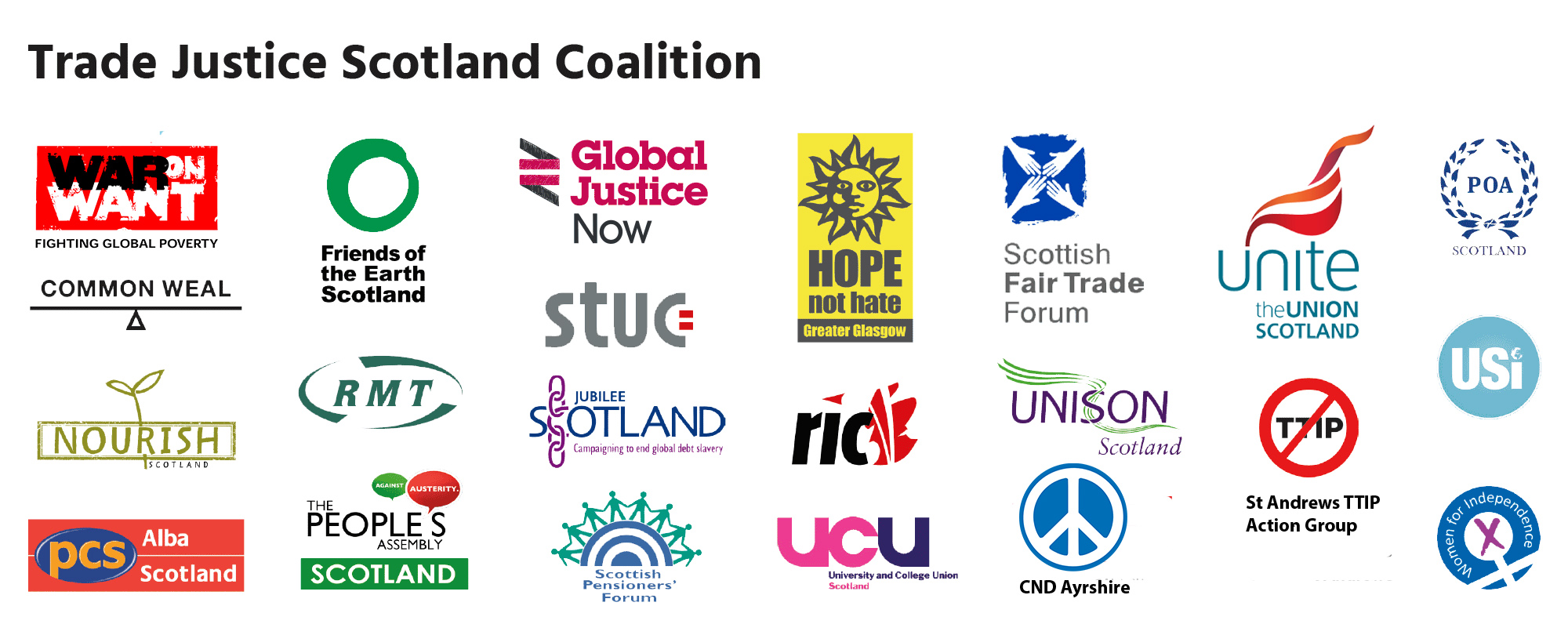 logos of organisations in the trade justice Scotland coalition